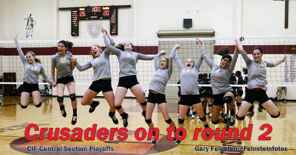 On to Round 2 in Division 5 Central Section Volleyball Playoffs for Crusaders The Kings Christian High School Crusaders' volleyball team celebrate after its 3-0 Central Section playoff win Thursday night in Lemoore.